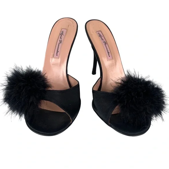 Agent Provacateur Enrica Women’s Slip On Satin Black Pom Pom Trim Heels 8.5-9 - Picture 4 of 11